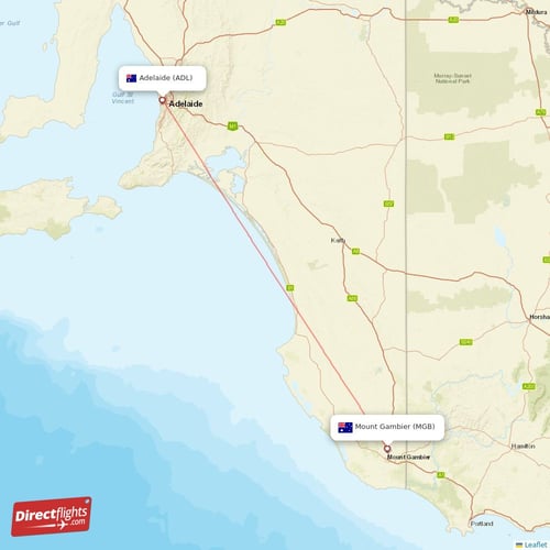 Mount Gambier - Adelaide direct flight map