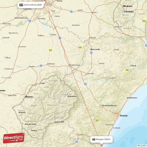 Margate - Johannesburg direct flight map
