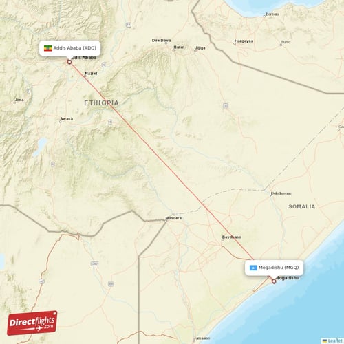 Mogadishu - Addis Ababa direct flight map