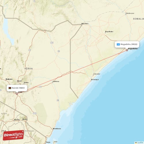 Mogadishu - Nairobi direct flight map