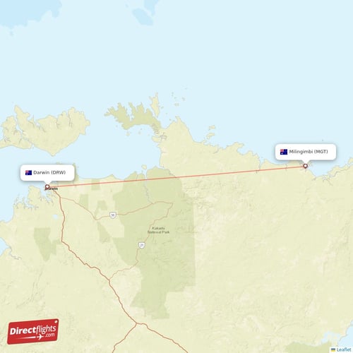 Milingimbi - Darwin direct flight map
