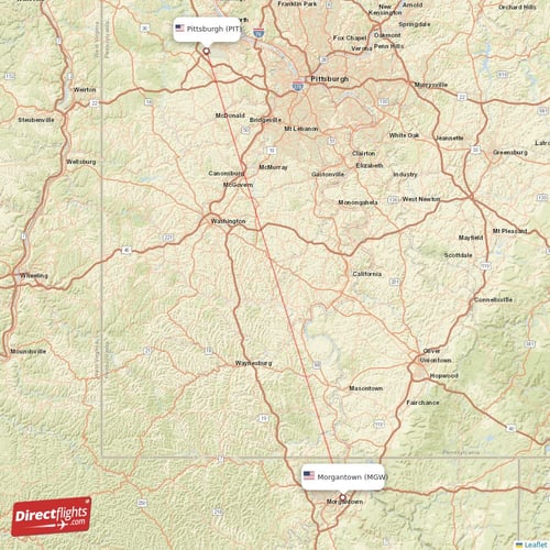 Morgantown - Pittsburgh direct flight map