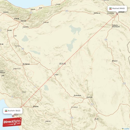 Mashad - Bushehr direct flight map