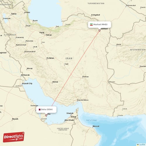 Mashad - Doha direct flight map