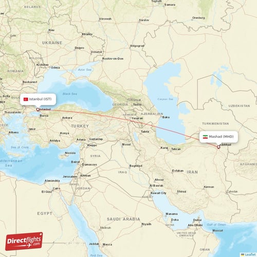 Mashad - Istanbul direct flight map