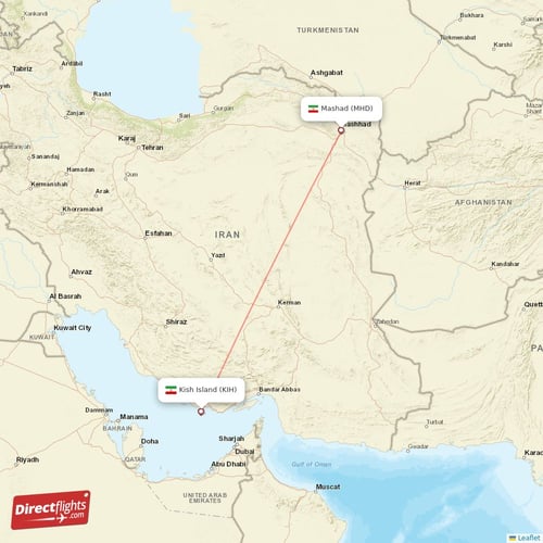 Mashad - Kish Island direct flight map