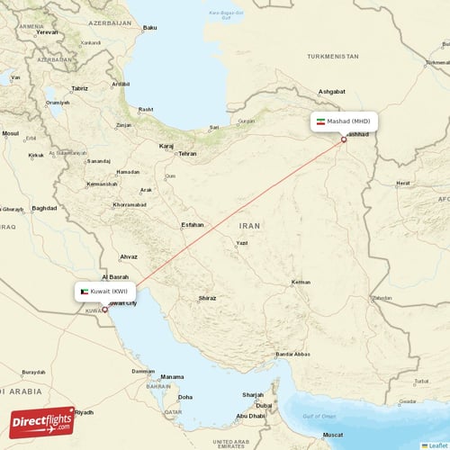 Mashad - Kuwait direct flight map