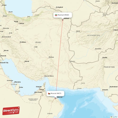 Mashad - Muscat direct flight map