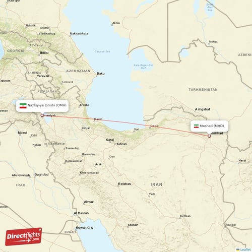 Mashad - Nazluy-ye Jonubi direct flight map