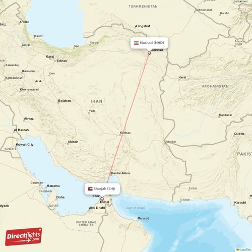 Mashad - Sharjah direct flight map