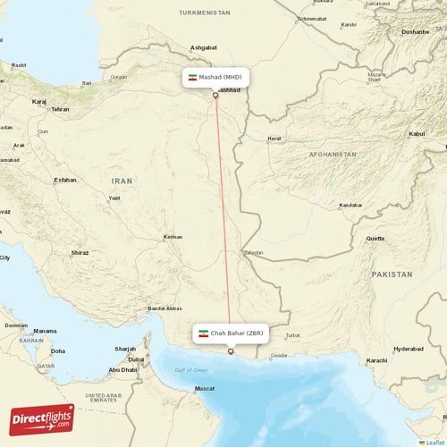 Mashad - Chah Bahar direct flight map