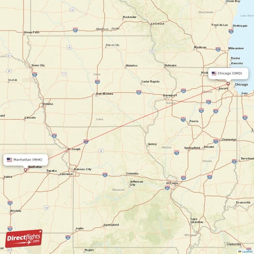 Manhattan - Chicago direct flight map