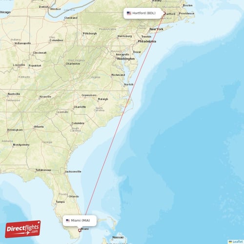 Miami - Hartford direct flight map