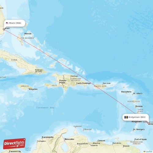 Miami - Bridgetown direct flight map