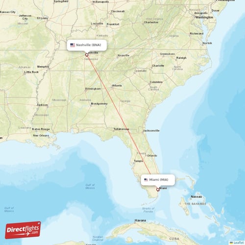 Miami - Nashville direct flight map