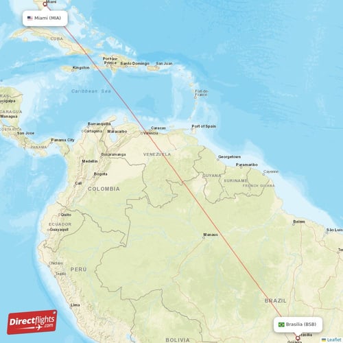Miami - Brasilia direct flight map