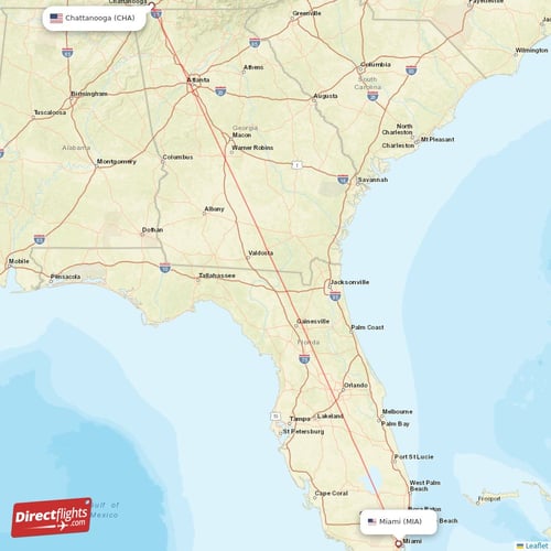 Miami - Chattanooga direct flight map