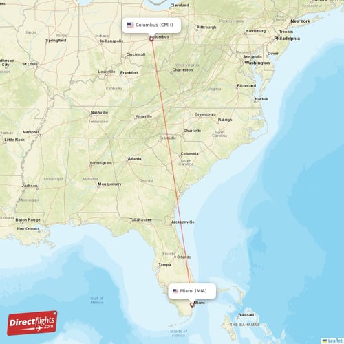 Miami - Columbus direct flight map