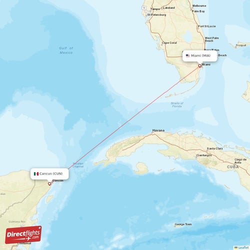 Miami - Cancun direct flight map