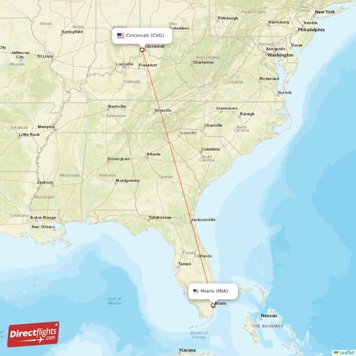 Miami - Cincinnati direct flight map