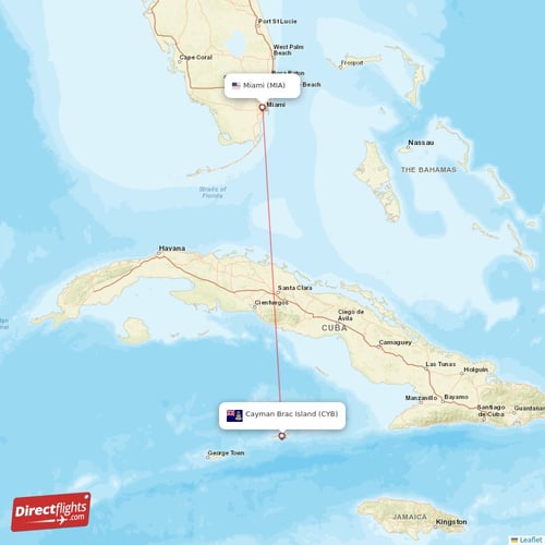 Miami - Cayman Brac Island direct flight map