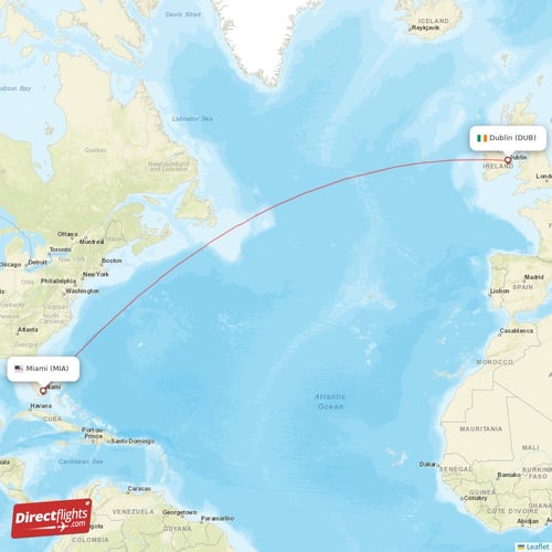 Miami - Dublin direct flight map