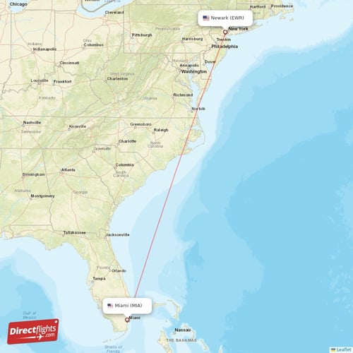 Miami - New York direct flight map