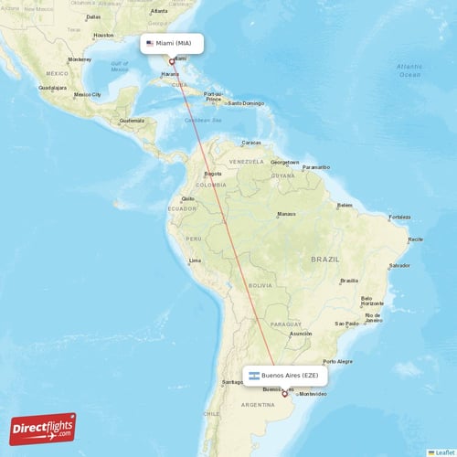 Miami - Buenos Aires direct flight map