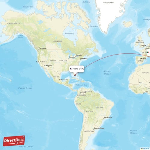 Miami - Rome direct flight map