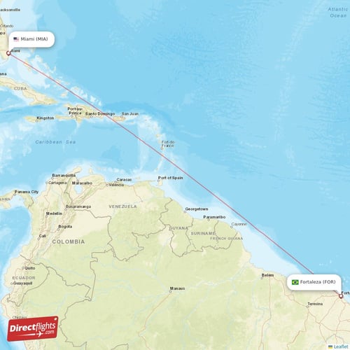 Miami - Fortaleza direct flight map