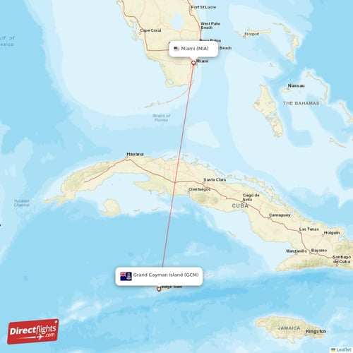 Miami - Grand Cayman Island direct flight map