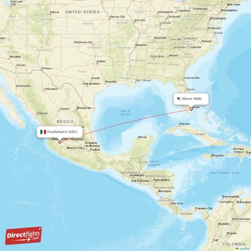 Miami - Guadalajara direct flight map