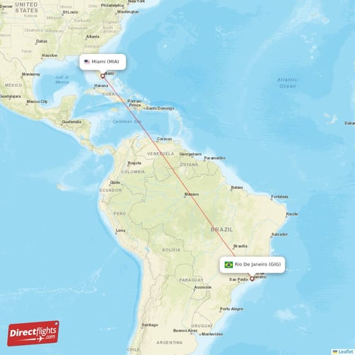Miami - Rio De Janeiro direct flight map