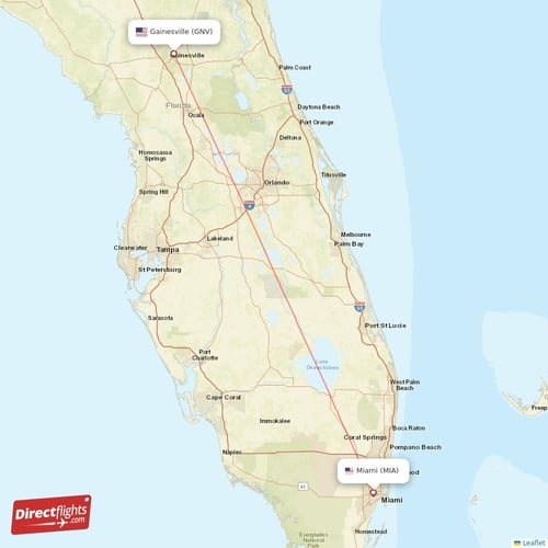 Miami - Gainesville direct flight map