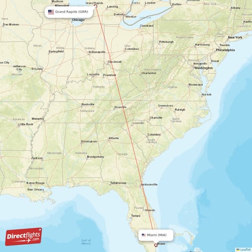 Miami - Grand Rapids direct flight map
