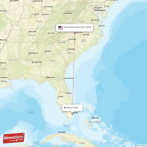 Miami - Greensboro/High Point direct flight map