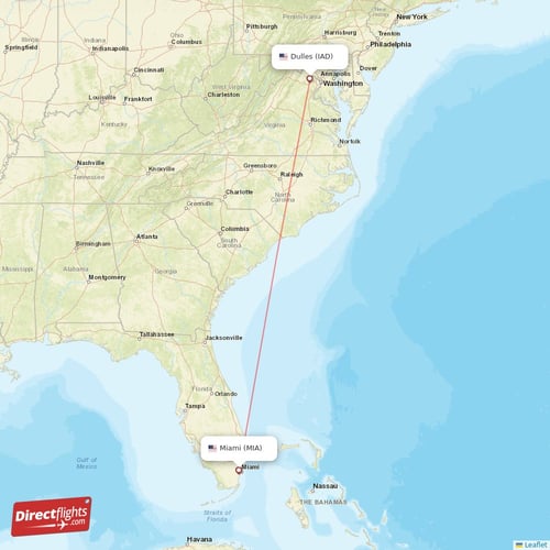 Miami - Dulles direct flight map