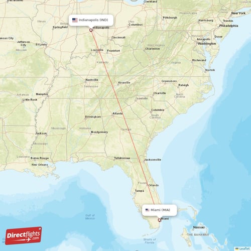Miami - Indianapolis direct flight map