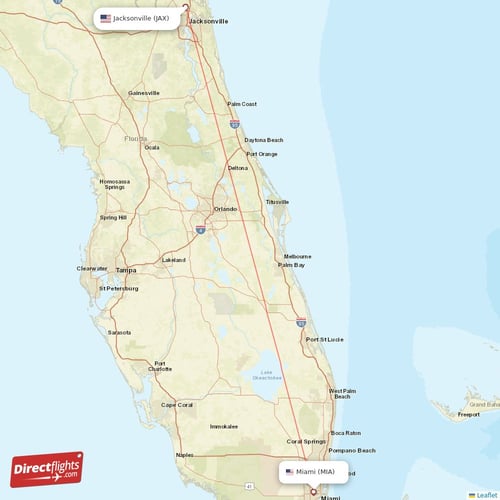 Miami - Jacksonville direct flight map