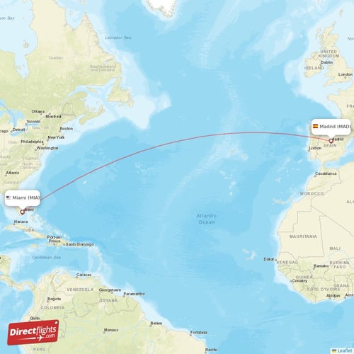 Miami - Madrid direct flight map