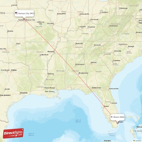 Miami - Kansas City direct flight map