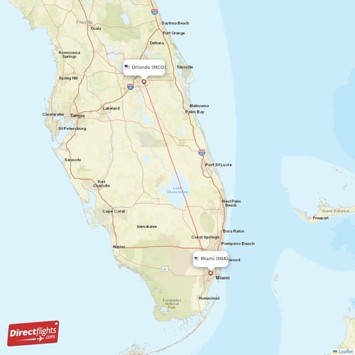 Miami - Orlando direct flight map
