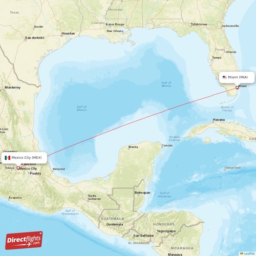 Miami - Mexico City direct flight map