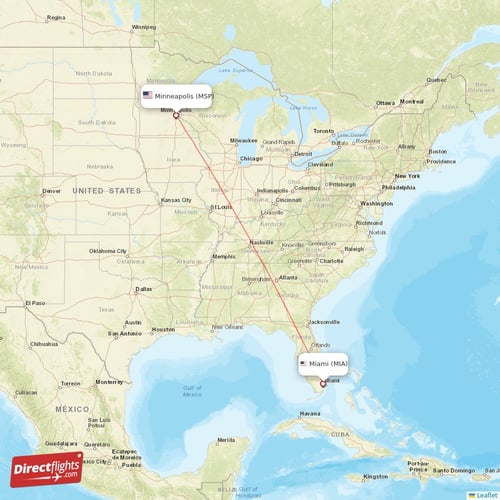 Miami - Minneapolis direct flight map