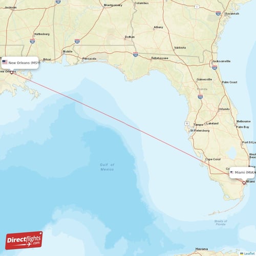 Miami - New Orleans direct flight map