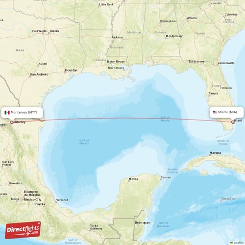 Miami - Monterrey direct flight map