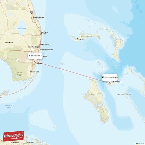 Miami - Nassau direct flight map