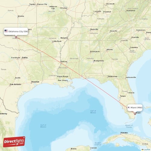 Miami - Oklahoma City direct flight map
