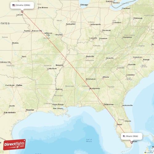 Miami - Omaha direct flight map