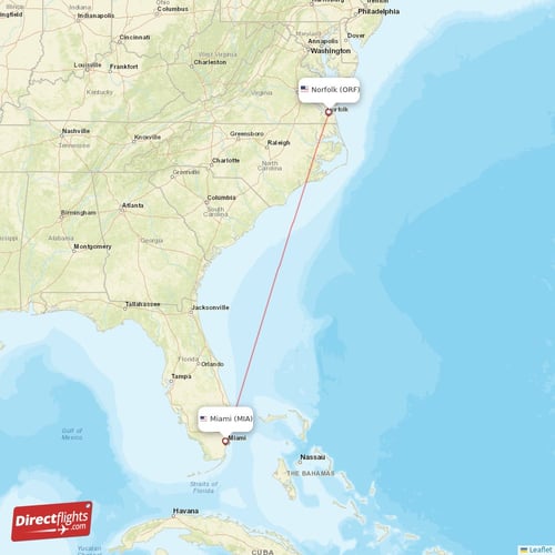 Miami - Norfolk direct flight map